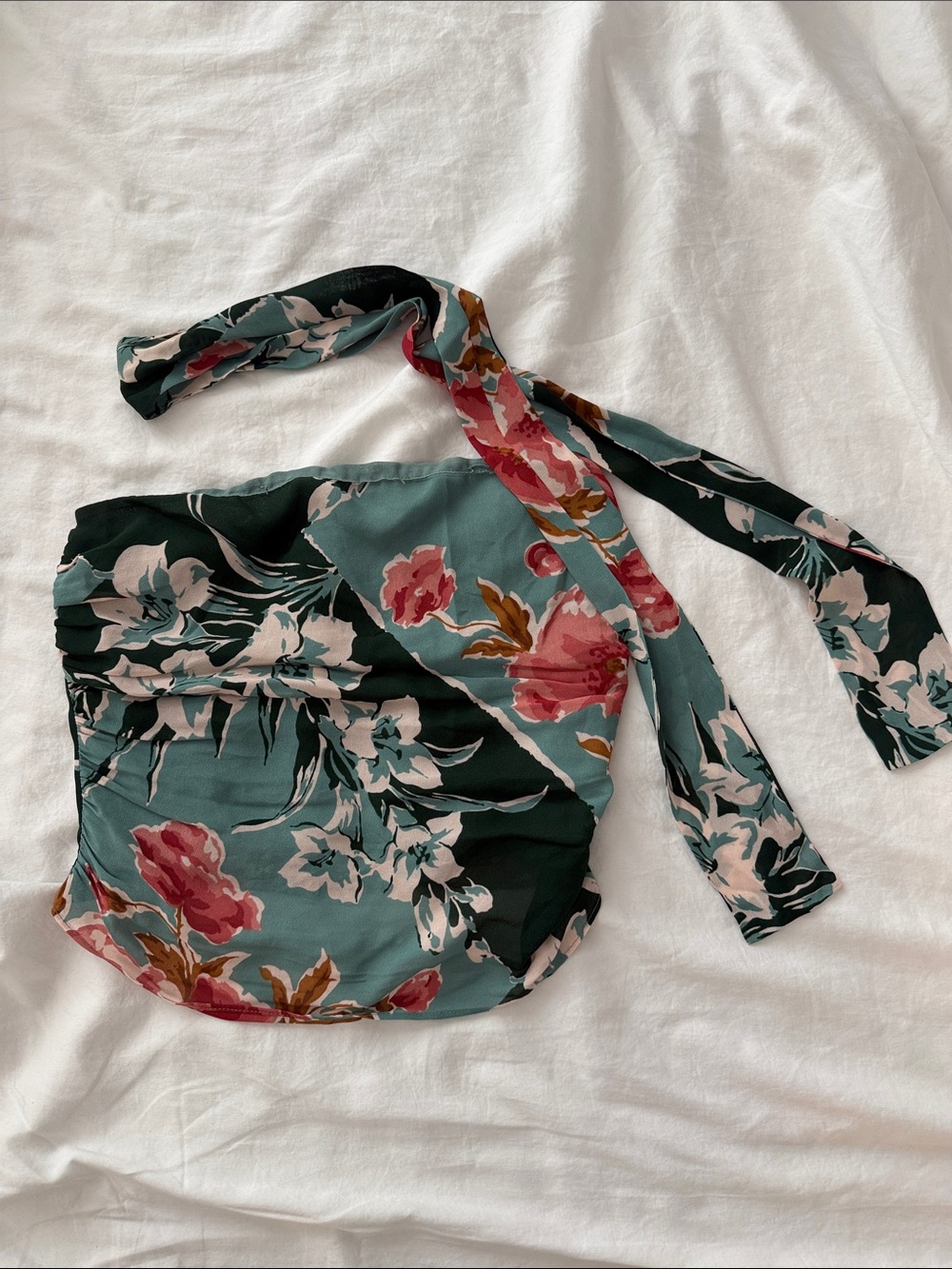 Reformation Teal and Dark Green Floral Strapless Top with Scarf
